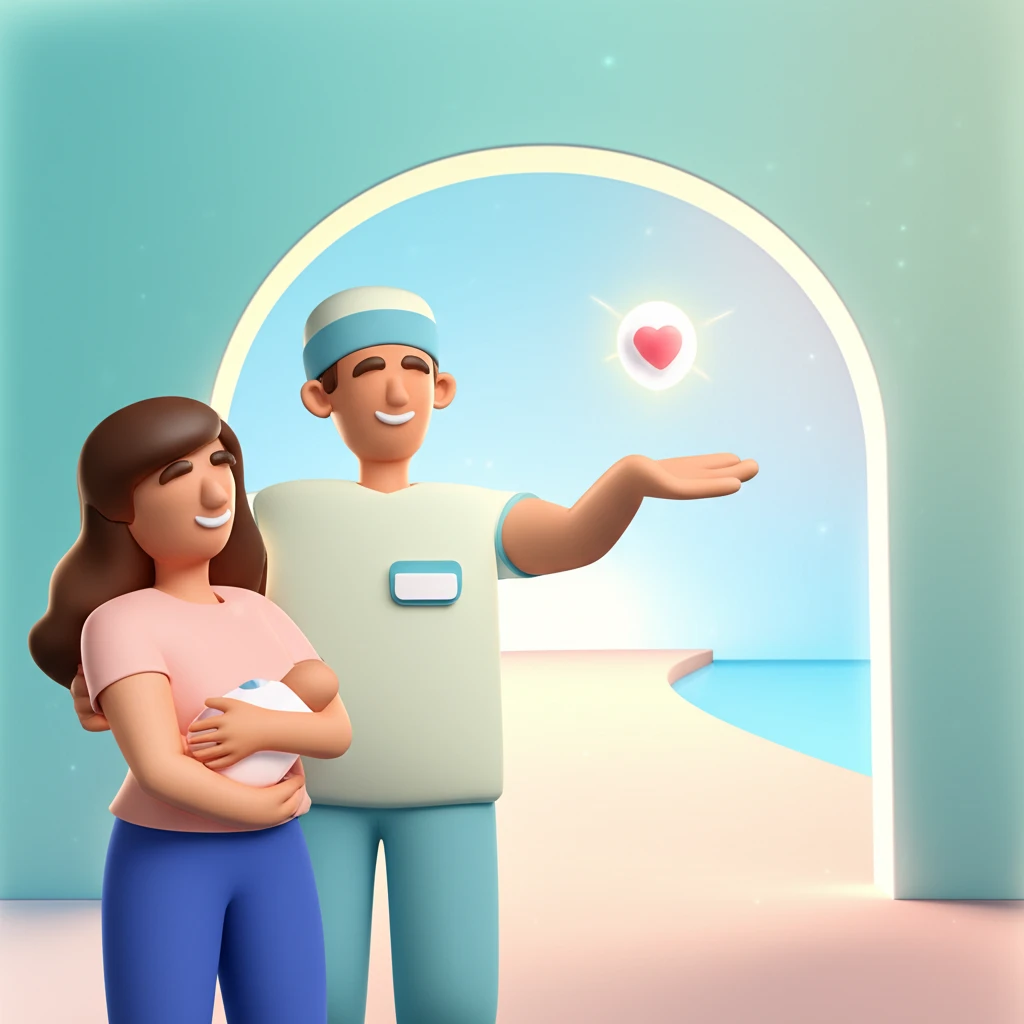 따뜻한 자연광이 쏟아지는 밝은 거실, 산모와 건강관리사가 아기와 함께 있는 고해상도 라이프스타일 스냅. 35mm f/2.8, 피부 결과 직물 질감이 살아있는 무보정 raw 사진.